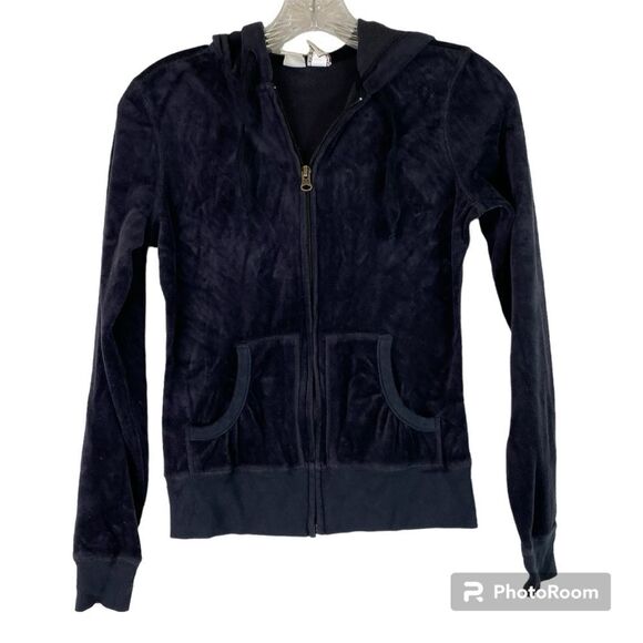 SO Black Velvet Velour Zip Up Track Suit Hoodie Pockets Small Y2K - Picture 1 of 4